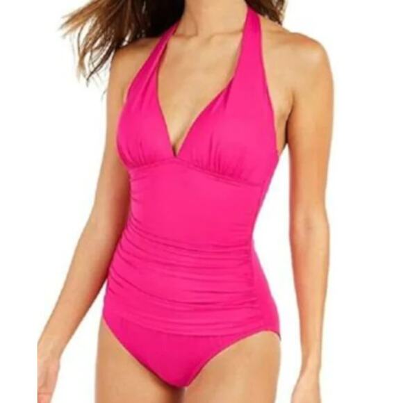 RALPH LAUREN Pink Tummy Control V Neck Halter One Piece Swimsuit Sz 0 - Picture 1 of 4